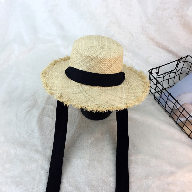 Flat-top raffia large-edge burred cotton ribbons with sunshade and sunscreen straw hat vacation beach hat tide