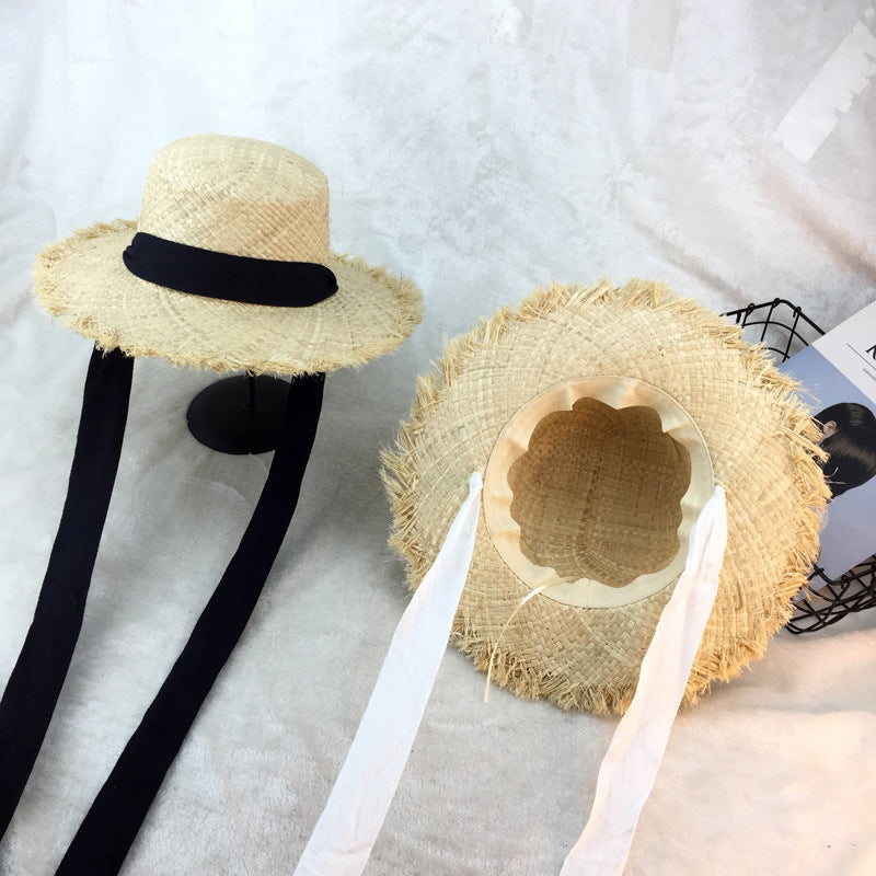 Flat-top raffia large-edge burred cotton ribbons with sunshade and sunscreen straw hat vacation beach hat tide