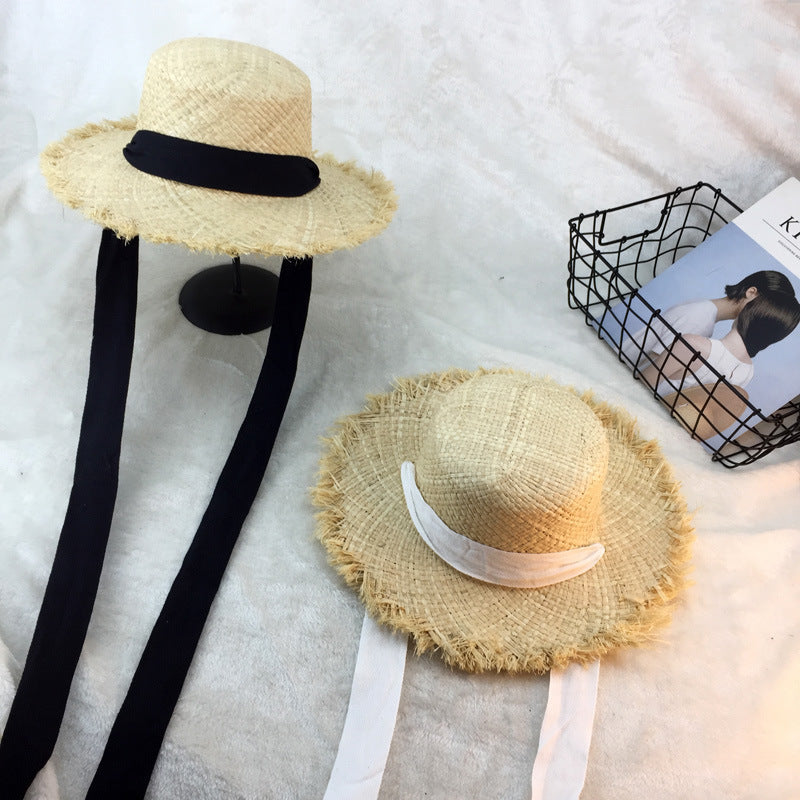 Flat-top raffia large-edge burred cotton ribbons with sunshade and sunscreen straw hat vacation beach hat tide