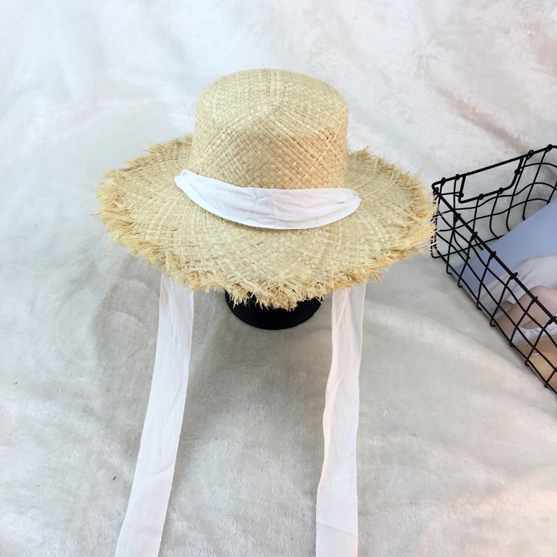 Flat-top raffia large-edge burred cotton ribbons with sunshade and sunscreen straw hat vacation beach hat tide