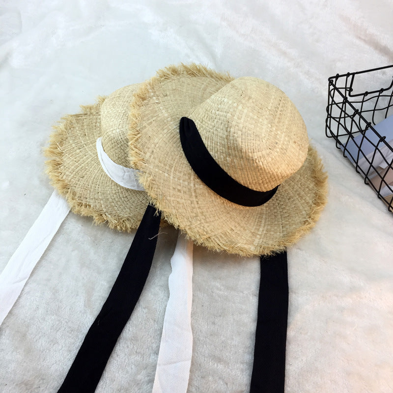 Flat-top raffia large-edge burred cotton ribbons with sunshade and sunscreen straw hat vacation beach hat tide