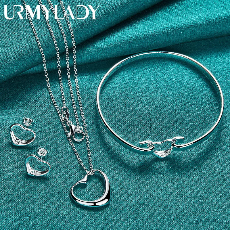 URMYLADY 925 Sterling Silver Love Heart Necklace Earrings Bangle Sets For Women Wedding Party Fashion Charm Jewelry Gift